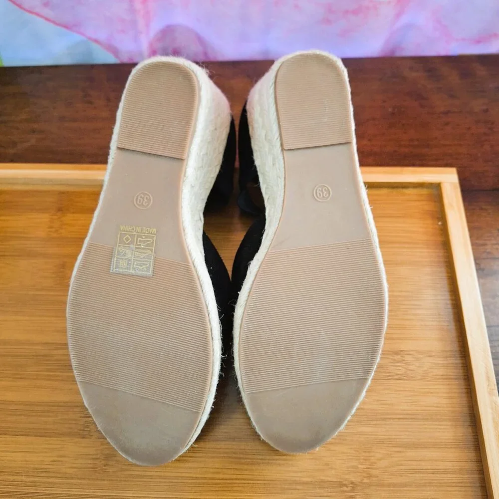 Faux Suede Black Natural Wedge Closed Toe Espadrilles Ankle Straps Size 39 EU - Picture 15 of 15